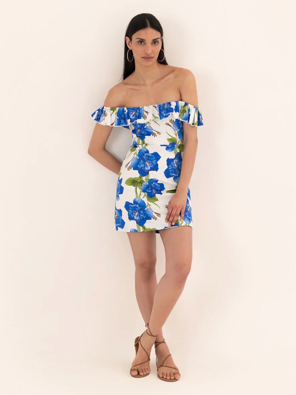 Borgo De Nor Blue & White Floral Off Shoulder Ruffle-Trim Mini Dress